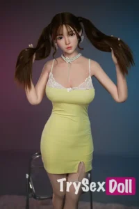 170cm 5ft6 Yellow Bodycon Skirt Sex Dolls Cute Double Ponytail Silicone Sex Dolls